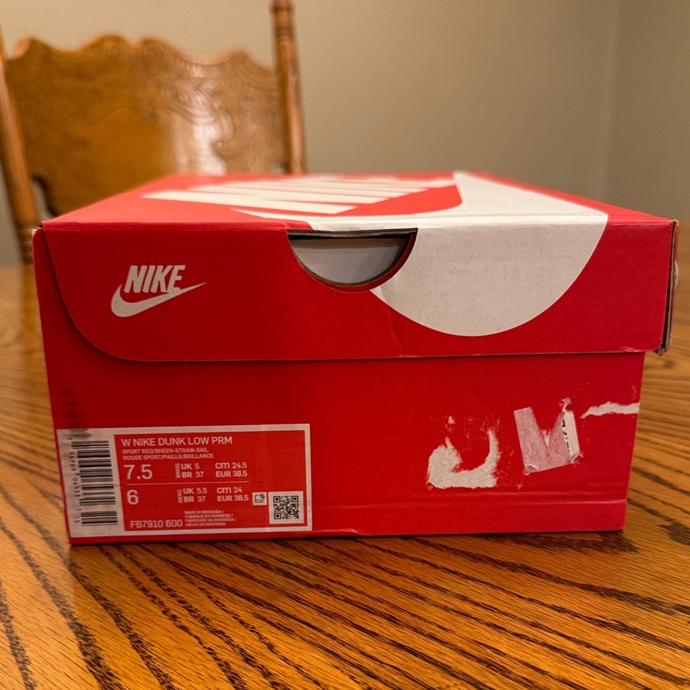 Women’s Size 7.5, W Nike Dunk Low PRM Sport Red/Sheen-Straw-Sail